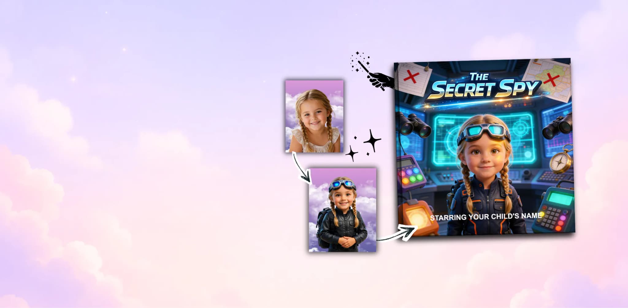 Personalized children's storybook “The Secret Spy” — a child's photo transformed into the story's spy hero on the cover