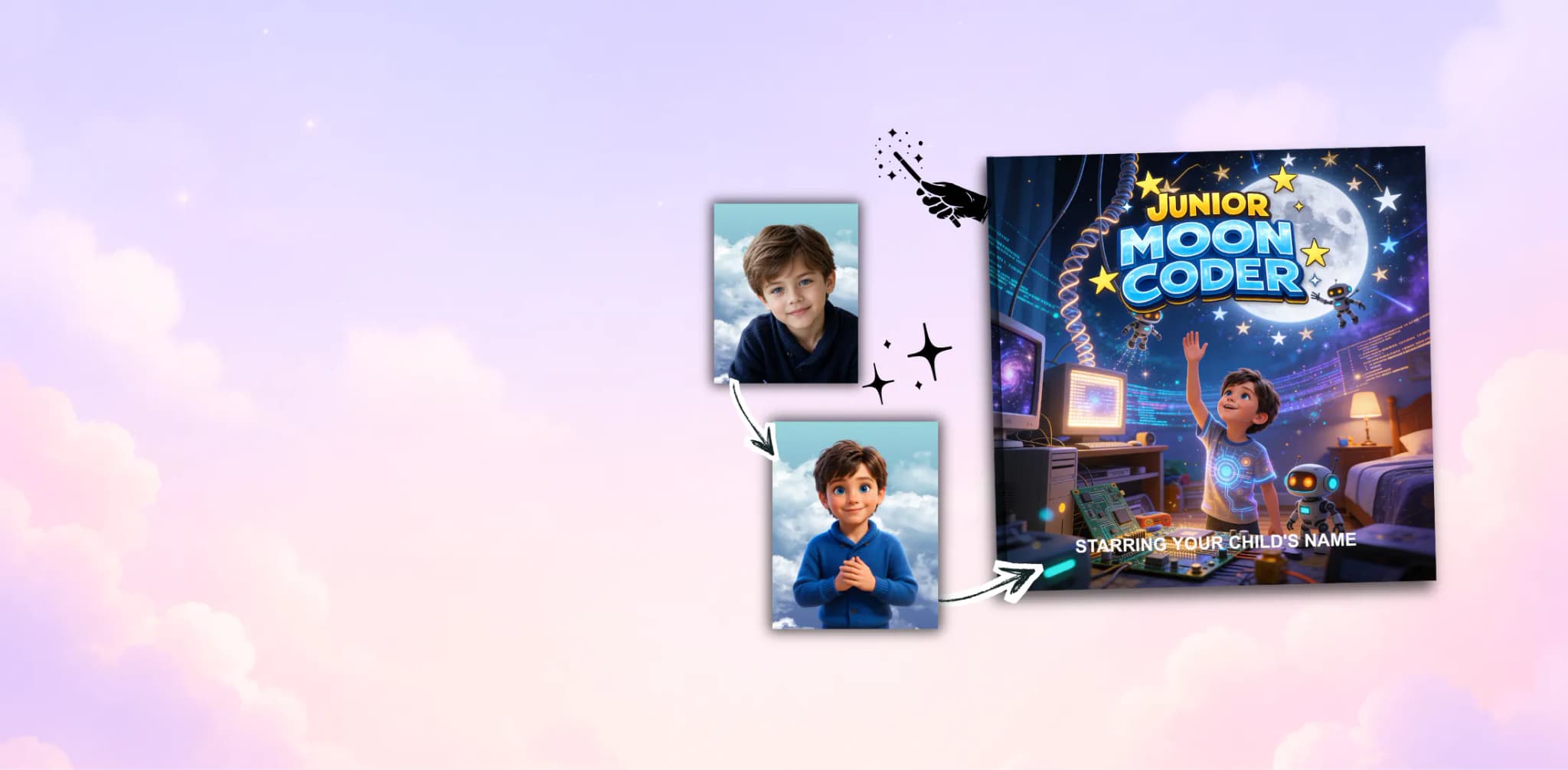 Personalized children's storybook “Junior Moon Coder” — a child's photo transformed into a young coder under the moon on the cover