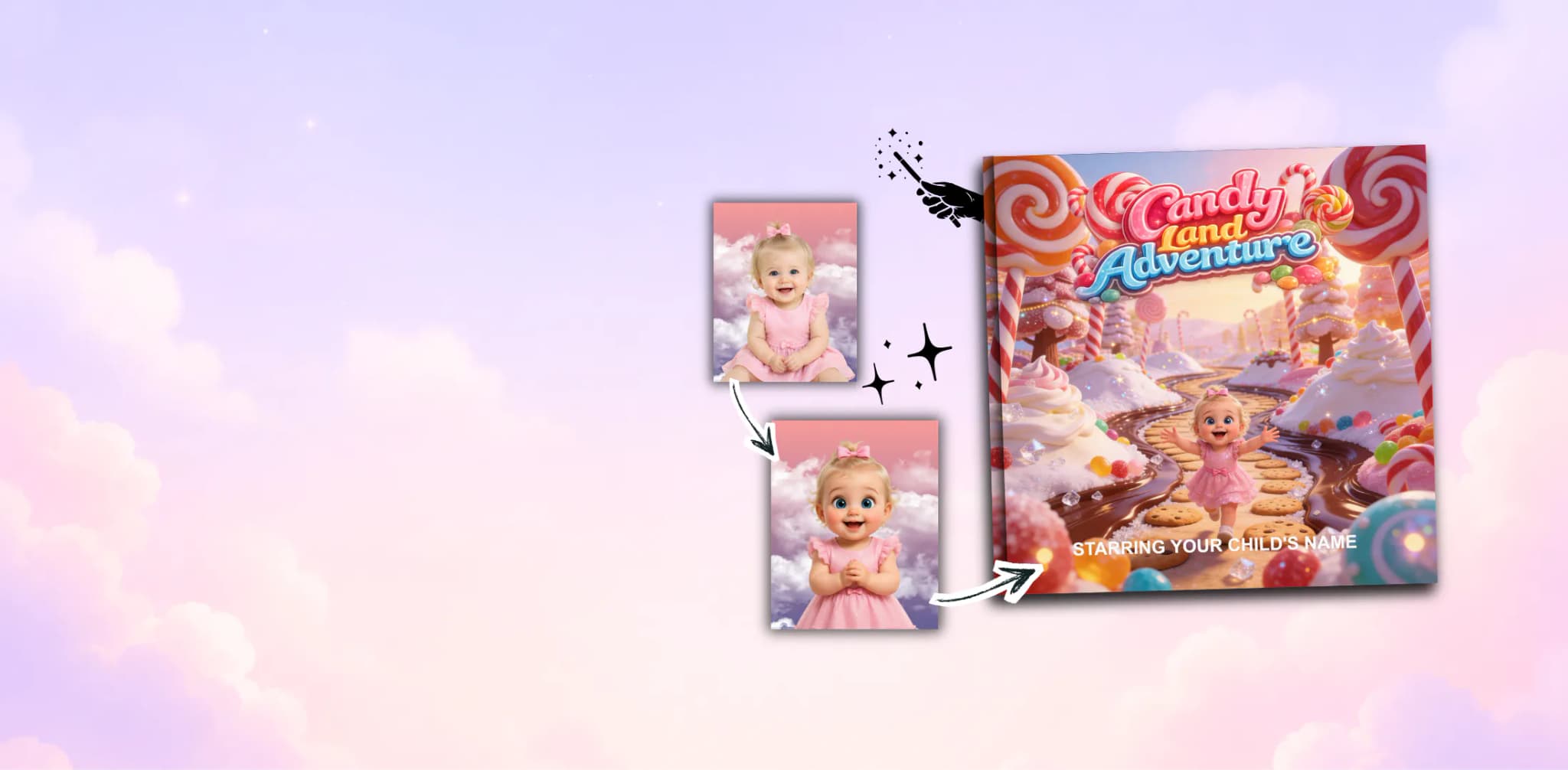 Personalized children's storybook “Candy Land Adventure” — a child's photo transformed into the hero exploring a candy world on the cover