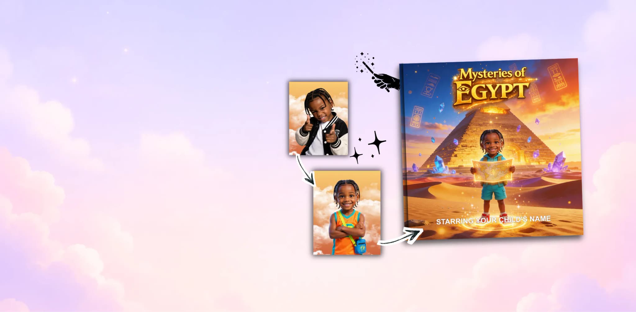 Personalized children's storybook “Mysteries of Egypt” — a child's photo transformed into an explorer at the pyramids on the cover