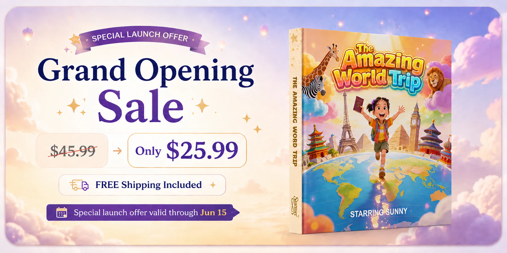 Stattner grand opening sale banner with $25.99 offer and free shipping